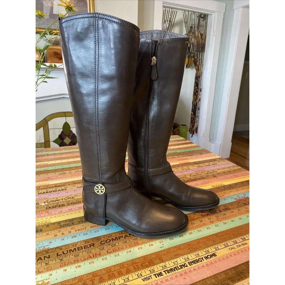 Tory Burch Bristol Brown Leather Riding Harness Boot Size 7 equestrian High